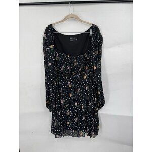 ASOS Design Square Neck Skater Mini Dress Women 14 Black Floral Pleated Preppy